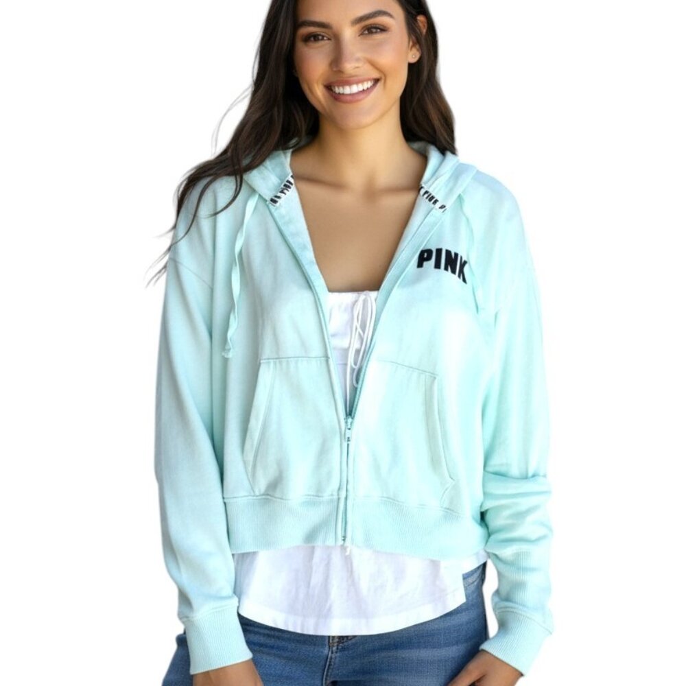 Mint Green Pink Victoria's Secret Hoodie with Pockets Size Small Gently Used